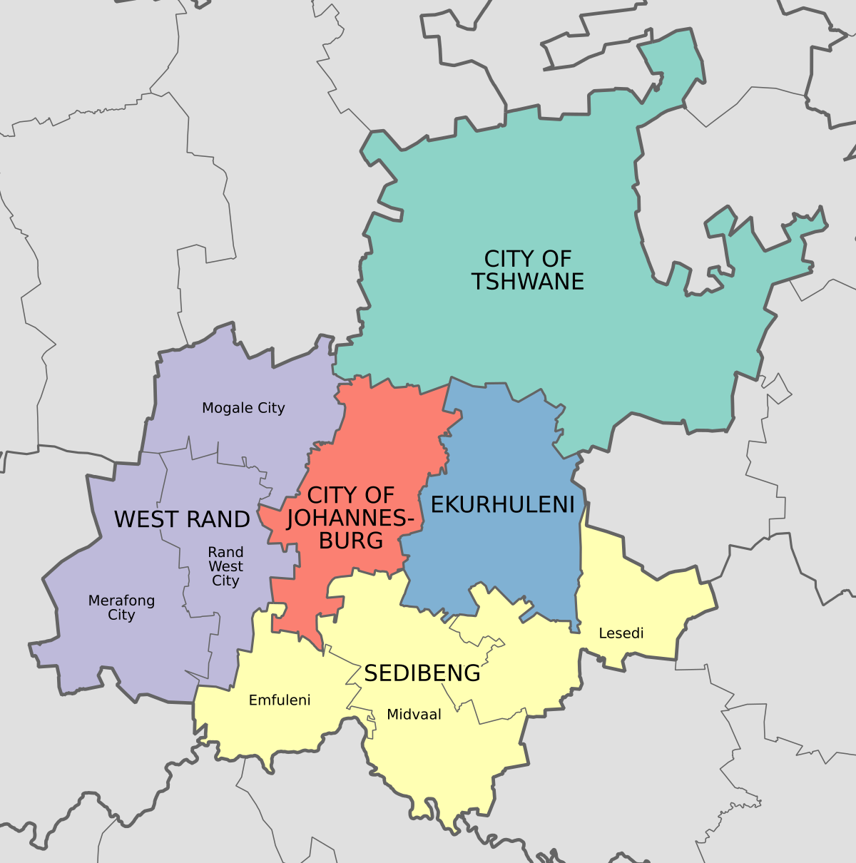 Map Of Gauteng With Municipalities Named And Districts Shaded (2016) Svg 